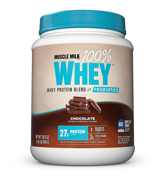 Muscle Milk 100% Whey With Probiotics Protein Powder, Chocolate, 1.85 Pound, 23 Serving - NutriGlobal
