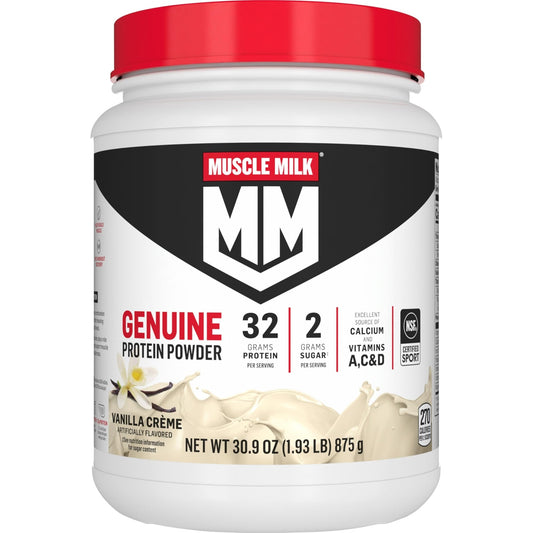 Muscle Milk Genuine Protein Powder, Vanilla Crème, 1.93 Pounds, 12 Servings, 32g Protein, 2g Sugar, Calcium, Vitamins A, C & D, NSF Certified for Sport, Energizing Snack, Packaging May Vary - NutriGlobal