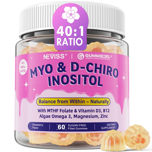 Myo-Inositol & D-Chiro Inositol, Hormone Balance for Women | Sugar Free Inositol Gummies w/Omega 3, MTHF Folate, Vitamin D3, B12, Magnesium & Zinc for Ovarian Health, Ideal 40:1 Ratio, Vegan, 60 Cts - NutriGlobal