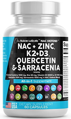 NAC Supplement N-Acetyl Cysteine 1000mg Vitamin D3 K2 Zinc Quercetin - NutriGlobal
