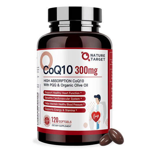 NATURE TARGET CoQ10-300mg-Softgels + PQQ with Organic-Olive-Oil - High Absorption - NutriGlobal