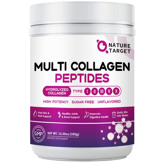 NATURE TARGET Multi Collagen Peptides Powder - Type I, II, III, V, X - Hydrolyzed Collagen Peptides with Vitamin C Hyaluronic Acid, Supports Skin Hair Nail & Joint - NutriGlobal