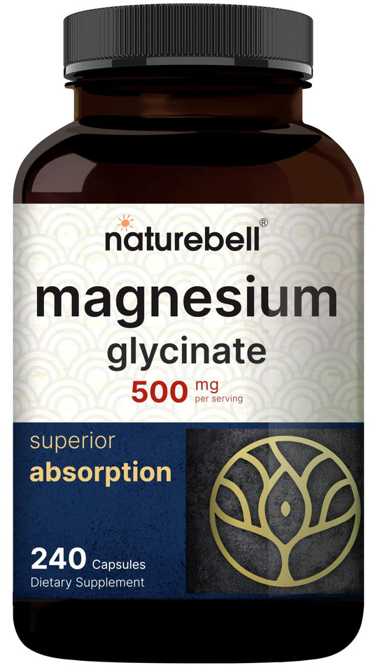 NatureBell Magnesium Glycinate Capsules 500mg | 240 Count, 100% Chelated & Purified - NutriGlobal