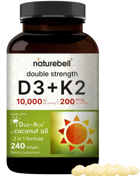 NatureBell Vitamin D3 K2 (10,000 IU Vitamin D + 200mcg Vitamin K MK-7) 240 Softgels - NutriGlobal