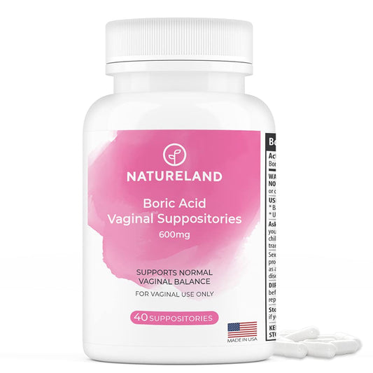 Natureland Boric Acid Suppositories for Women - 600mg, 40 Count - Made in USA - Feminine Care for pH Balance & Odor Control - Unscented Intimate Health Support - NutriGlobal