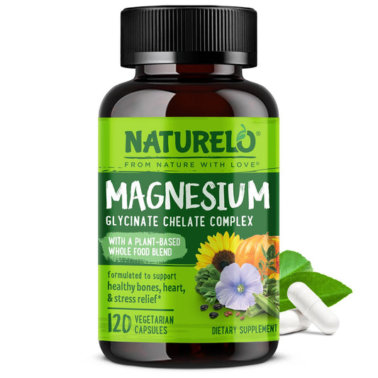 NATURELO Magnesium Glycinate Chelate Complex - 200 mg Magnesium with Organic Vegetables to Support Sleep, Calm, Muscle Cramp & Stress Relief - NutriGlobal