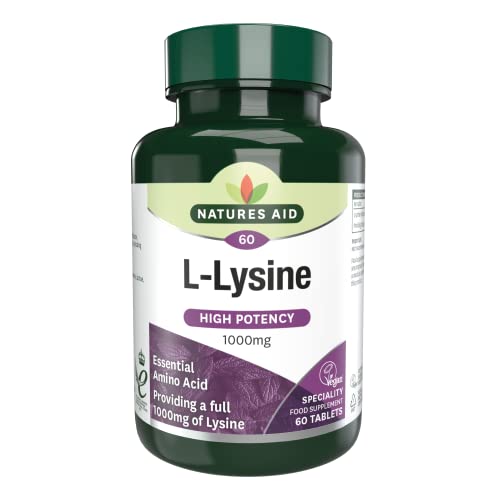 Natures Aid L-Lysine 1000 mg, High Potency Essential Amino Acid, Vegan, 60 Tablets - NutriGlobal