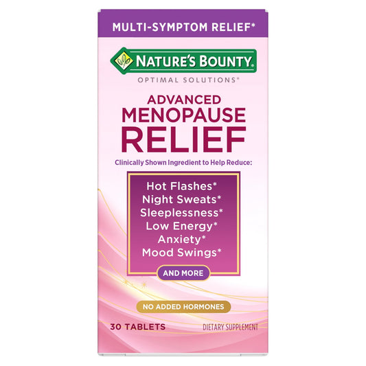 Nature’s Bounty Optimal Solutions Advanced Menopause Relief, Menopause Supplement for Women featuring Siberian Rhubarb, Hotflash Relief, No added Hormones, Drug-Free, 30 Tablets, 30 Total Servings - NutriGlobal