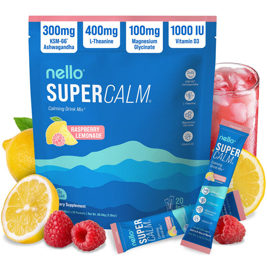Nello Supercalm Powdered Drink Mix, Cortisol Reducer and Sleep Aid Supplement, L Theanine, Ksm-66 Ashwagandha, Magnesium Glycinate, Vitamin D 3, No Sugar, Non GMO - NutriGlobal