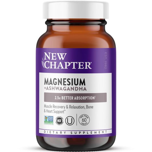 New Chapter Magnesium + Ashwagandha Supplement, 325 mg with Magnesium Glycinate for Muscle Relaxation & Recovery, Heart, Nerve & Bone Health, 2.5X Absorption - NutriGlobal
