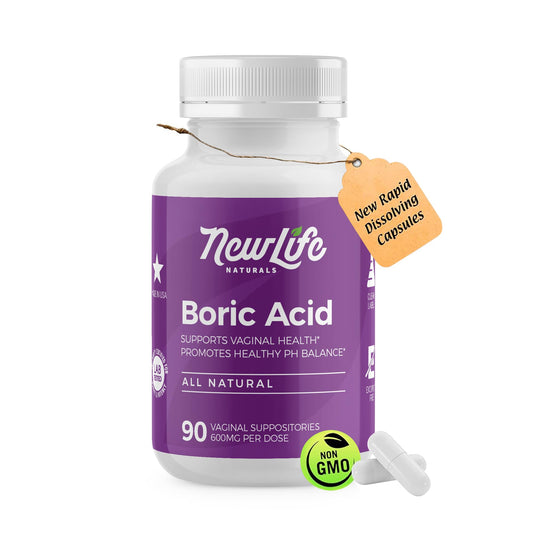 NewLife Naturals - Medical Grade Boric Acid Vaginal Suppositories - 600mg - 100% Pure Womens pH Balance Pills - Yeast Infection, BV - 90 Capsules: Made in USA - NutriGlobal