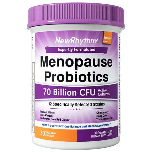NewRhythm Menopause Probiotics for Women, 7-in-1 Relief, Prebiotics, Black Cohosh Trans-Resveratrol Chasteberry Red Clover Dong Quai, Hot Flashes Night Sweats, No Soy, No Estrogen, 30 Ct - NutriGlobal