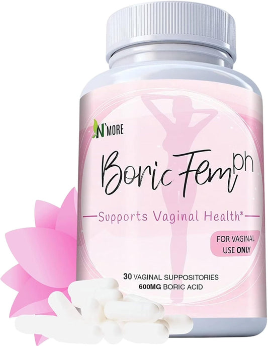 N'More Boric Acid Vaginal Suppositories- 100% Pure - Made in USA- Boricfem Vaginal Health Supplement- 30 Servings (Pack of 1) - NutriGlobal