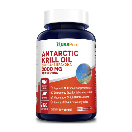 NusaPure Antarctic Krill Oil 2000 mg 120 Softgels, Omega-3 EPA 360mg, DHA 240mg - NutriGlobal