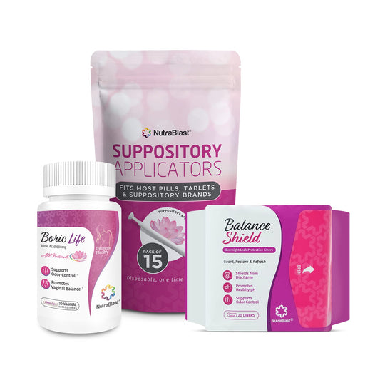 NutraBlast Boric Acid Suppositories 600mg (30 Count) Bundle with Disposable Applicators (15-Pack) and Balance Shield Panty Liners (180mm, 20-Pack) - NutriGlobal