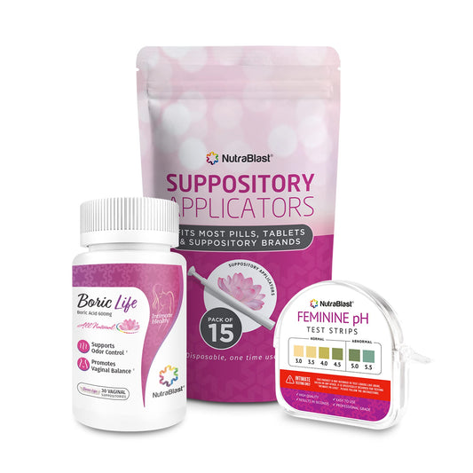 NutraBlast Boric Acid Suppositories 600mg (30 Count) Bundle with Disposable Suppository Applicators (15-Pack) and Feminine pH Test Strips 3.0-5.5 (100 Tests Roll) - NutriGlobal