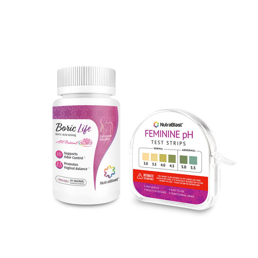 NutraBlast Boric Acid Suppositories 600mg (30 Count) Bundle with Feminine pH Test Strips 3.0-5.5 (100 Tests Roll) | Monitor Intimate Health | Accurate Women’s Acidity & Alkalinity - NutriGlobal