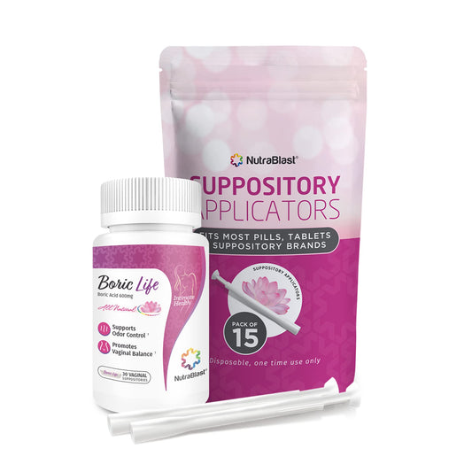 NutraBlast Boric Acid Suppositories 600mg Bundle with Applicator, 30 Suppositories & 15 Applicators - Feminine Care - Made in USA - NutriGlobal