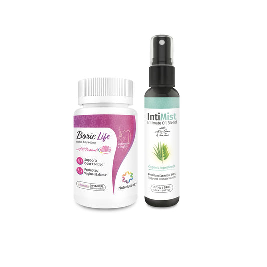 NutraBlast Boric Acid Vaginal Suppositories 600mg (30 Count) Bundle with Intimist Essential Oils Blend Spray (2 fl oz) - NutriGlobal