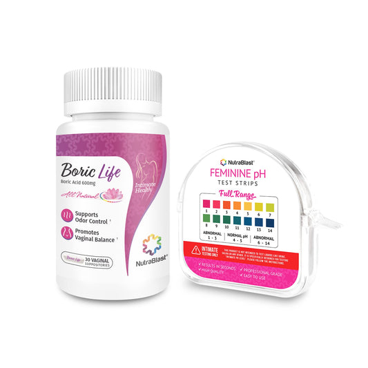 NutraBlast Boric Acid Vaginal Suppositories 600mg (30 Count) & Feminine pH Test Strips 1-14 (100-Tests Roll) | Monitor Feminine Intimate Health | Acidity & Alkalinity Balance - NutriGlobal