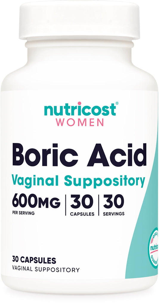 Nutricost Boric Acid 600mg, 30 Capsules - Vaginal Suppository - Non-GMO - for Women - NutriGlobal