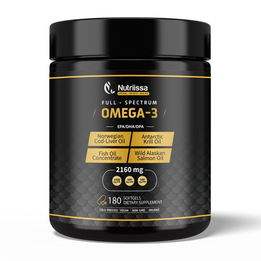 Nutriissa Omega 3 - Full Spectrum - 180 Count - High Concentrate Formula Fish Oil, Krill Oil - NutriGlobal