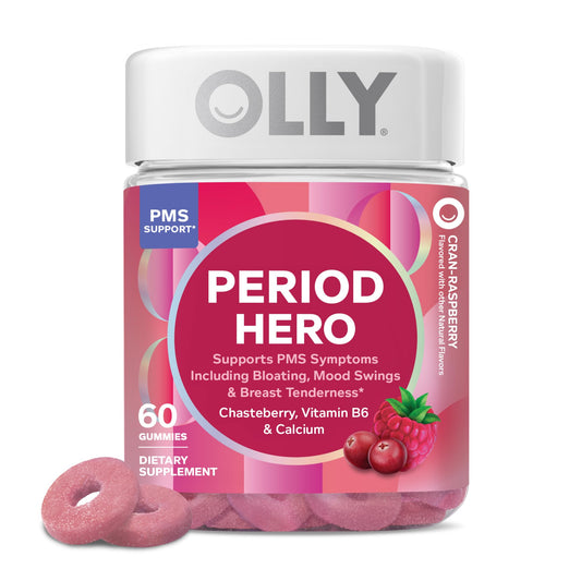 OLLY Period Hero Gummies, PMS Support Supplement,* Chasteberry, Vitamin B6, Calcium, Cran-Raspberry Flavor, 30 Day Supply - 60 Count - NutriGlobal