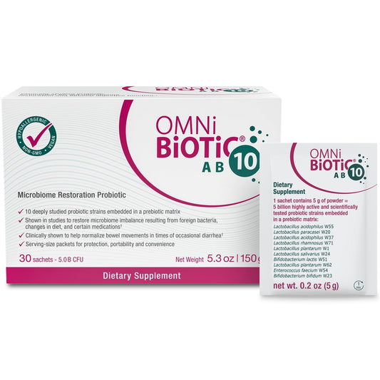 OMNi BiOTiC AB 10 - Clinically Tested Restorative Probiotic - Supports & Restores Gut Flora & Digestion - Digestive Probiotic for Diarrhea - Vegan, Hypoallergenic, Non-GMO (30 Daily Packets) - NutriGlobal