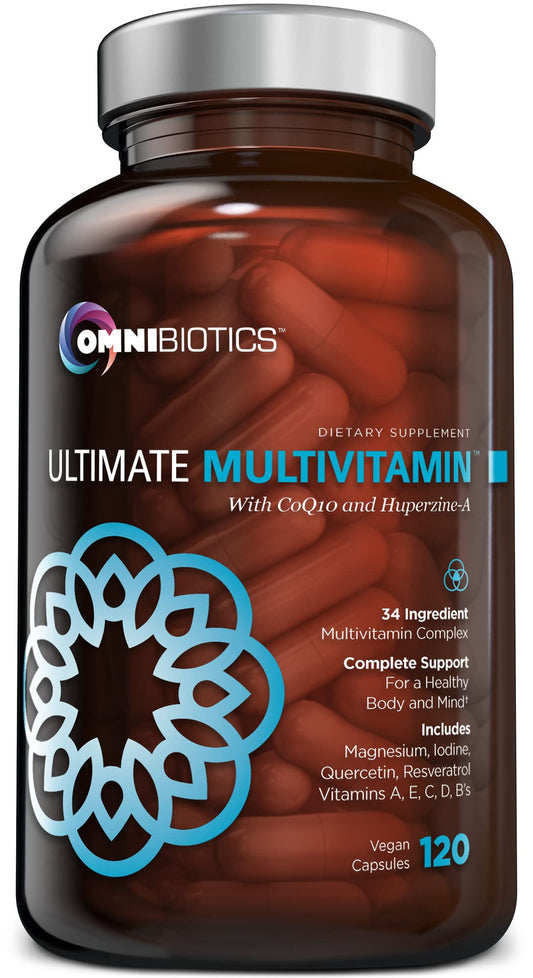 OmniBiotics Ultimate Daily Multivitamin for Women & Men – 34 Essential Ingredients Including Vitamin A, C, D, E, B6, B12, Biotin, Zinc – 120 Vegan Capsules - NutriGlobal