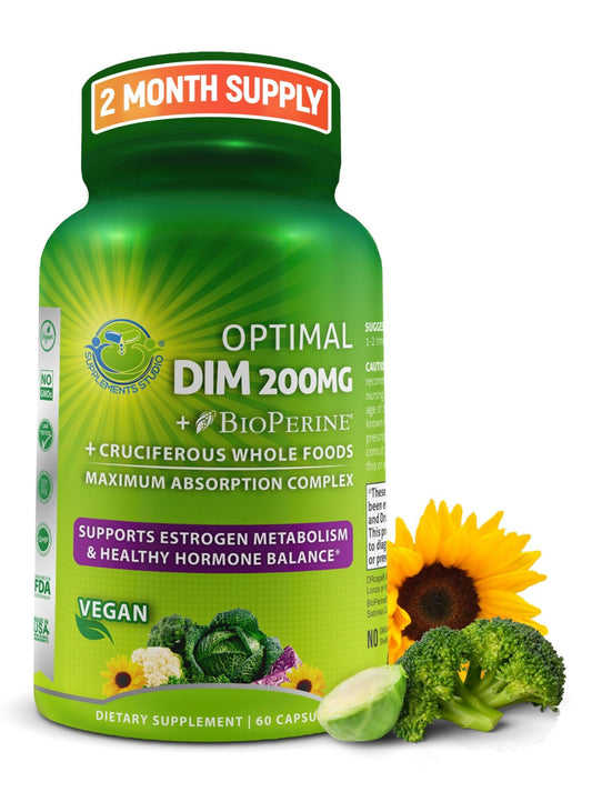 Optimal DIM 200mg Supplement for Women and Men - Made with Organic Whole Foods - Estrogen & Hormone Balance Support Diindolylmethane Complex - Maximum Absorption Delayed-Release Capsules - 60 Count - NutriGlobal