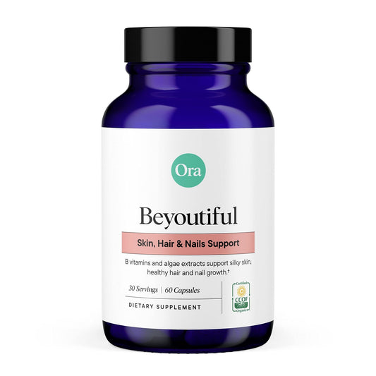 Ora Organic Hair, Skin, and Nails Support- BeYouTiful - Beauty Supplement with B Vitamins and Algae Extracts for Healthy Hair and Skin - 60 Vegan Capsules - NutriGlobal