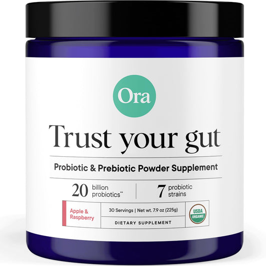 Ora Organic Prebiotic and Probiotic Powder Supplement - 20 Billion Probiotics, 7 Strains for Best Prebiotic Powder, Non-GMO, Probiotics for Women, Men & Kids - Apple Raspberry Flavor, 30 Servings… - NutriGlobal