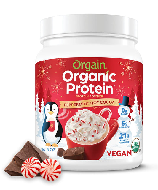 Orgain Organic Vegan Protein Powder, Peppermint Hot Cocoa Seasonal Holiday Flavor - NutriGlobal