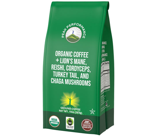 Organic Low Acid Mushroom Coffee with Lion's Mane, Reishi, Cordyceps, Turkey Tail, and Chaga Mushrooms - Great Tasting Premium High Altitude Medium Roast Ground Bags 10 oz by Peak Performance - NutriGlobal
