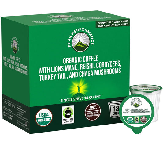 Organic Mushroom Coffee Pods with Lion's Mane, Reishi, Cordyceps, Turkey Tail, and Chaga Mushrooms. High Altitude, Low Acid, Smooth Tasting, Fair Trade, Instant Nootropic Coffee (Medium Roast Ground) - NutriGlobal