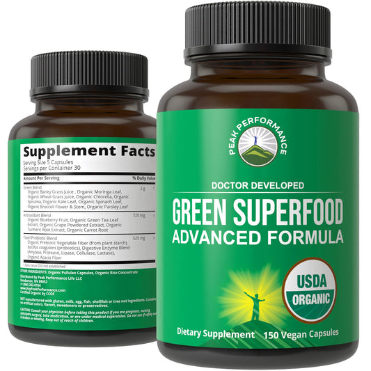 Organic Super Greens 150 Capsules - Green Juice Superfood Supplement with 25 All Natural Organic Ingredients. Max Energy and Detox Super Food Pills with Spirulina, Spinach, Kale, Turmeric, Probiotics - NutriGlobal
