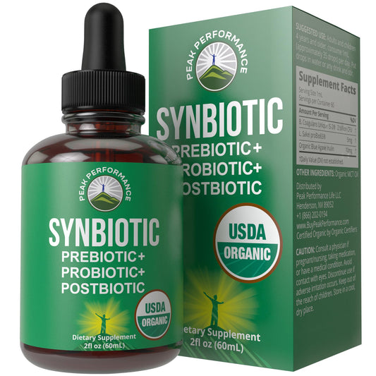 Organic Synbiotic = Prebiotics + Probiotics + Postbiotics 3-in-1 Supplement for Women, Men, & Kids. Pre, Pro, & Post Biotics Liquid Drops for Gut + Microbiome Balance. Made in USA, Vegan, Zero Sugar - NutriGlobal