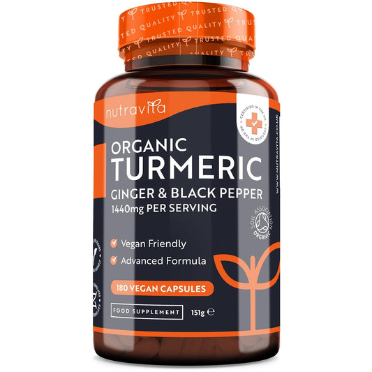 Organic Turmeric 1440mg (High Strength) with Black Pepper & Ginger - 180 Vegan Turmeric - NutriGlobal