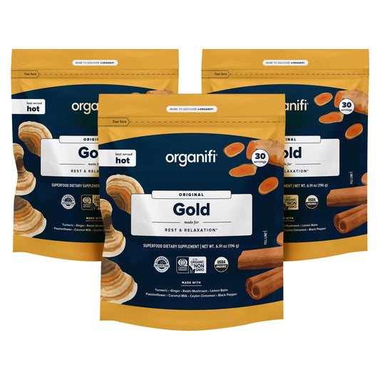 Organifi: Gold - Superfood Supplement Powder- 90 Servings (3 Pack) - Stress Support - NutriGlobal