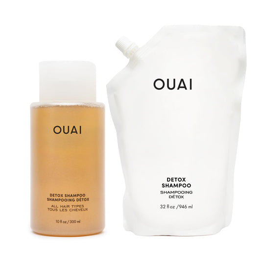 OUAI Detox Shampoo + Refill - Clarifying Shampoo for Build Up, Oil, Product & Hard Water - Apple Cider Vinegar & Keratin for Clean, Refreshed Hair - Sulfate Free Hair Care (2 Count, 10 Oz/32 Oz) - NutriGlobal