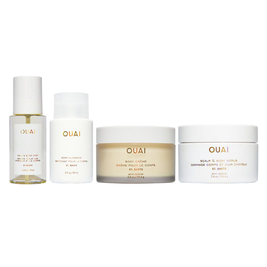 OUAI St. Barts Travel Bundle - Includes Travel Size Scalp & Body Scrub, Foaming Shower Gel, Hydrating Cream, and Hair & Body Mist (4 Count, 3.4 Oz/3.4 Oz/3 Oz/3.3 Oz) - NutriGlobal