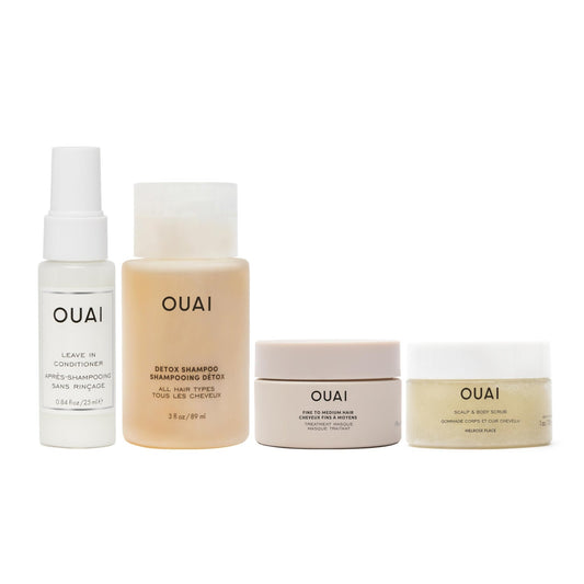 OUAI Travel Kit - Includes Travel Size Leave In Conditioner, Detox Shampoo, Fine to Medium Hair Mask, Scalp & Body Scrub (4 Count) - NutriGlobal