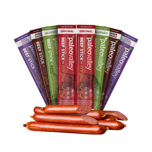 Paleovalley 100% Grass Fed Beef Sticks - Delicious Gluten Free Beef Snack - High Protein Keto Friendly, 40 Count Variety Pack - NutriGlobal