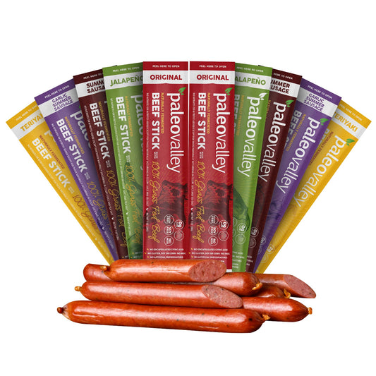 Paleovalley 100% Grass Fed Beef Sticks - Delicious Gluten Free Beef Snack - High Protein Keto Friendly, 50 Count Variety Pack - NutriGlobal