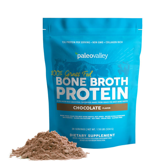 Paleovalley 100% Grass Fed Bone Broth Protein Powder - Chocolate - Rich in Collagen - NutriGlobal