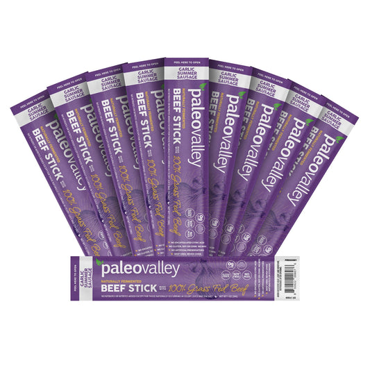 Paleovalley 100% Grass Fed Garlic Summer Sausage Beef Sticks - Delicious Gluten Free Beef Snack - High Protein Keto Friendly - NutriGlobal
