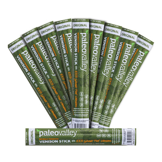 Paleovalley 100% Grass Fed Venison Sticks – 10 Pack – Keto-Friendly, High Protein, Low-Calorie Snack – Omega-3 Rich, Gluten-Free, Nitrate-Free, Naturally Flavored – Healthy On-the-Go Meat Snack - NutriGlobal