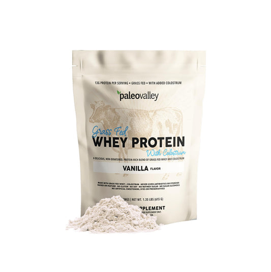 Paleovalley 100% Grassfed Whey Protein Powder with Colostrum, 30 Serving - Vanilla, 13g Protein, Muscle Building, Immune Support, Gut Health - NutriGlobal