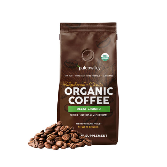 Paleovalley Organic Ground Coffee, 10oz - Decaf, Low Acid, Single-Origin, Polyphenol-Rich, Infused with Mushrooms - NutriGlobal