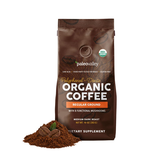 Paleovalley Organic Ground Coffee, 10oz - Regular, Low Acid, Single-Origin, Polyphenol-Rich, Infused with Mushrooms - NutriGlobal